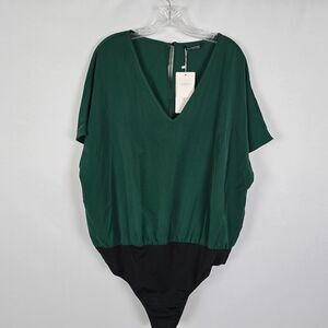 Bloomchic Bodysuit Women's 2X Green Short Sleeve V-Neck Back Cut Out NWT